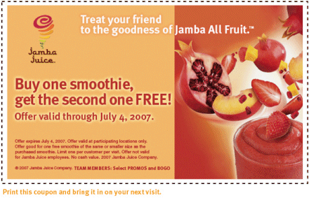 Jamba Juice 2 for 1 Coupon. Share Tweet June 20, 2007