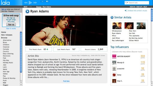 Lala.com Ryan Adams Artist Page